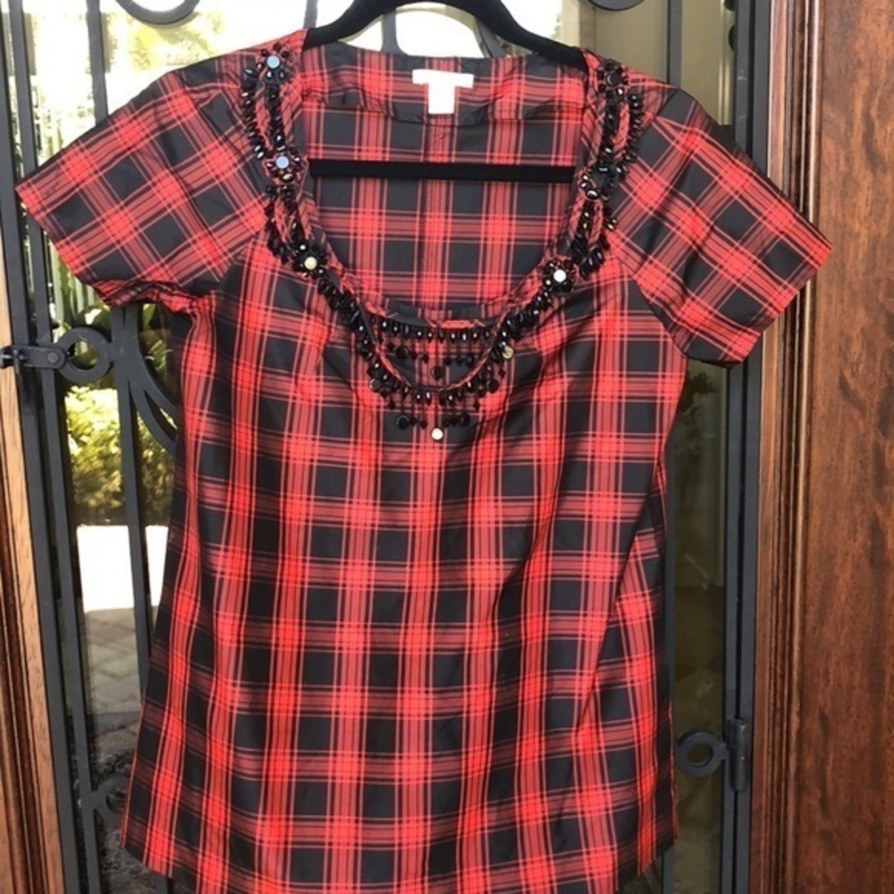 J Crew Gorgeous 100% silk red/blk embellished Top